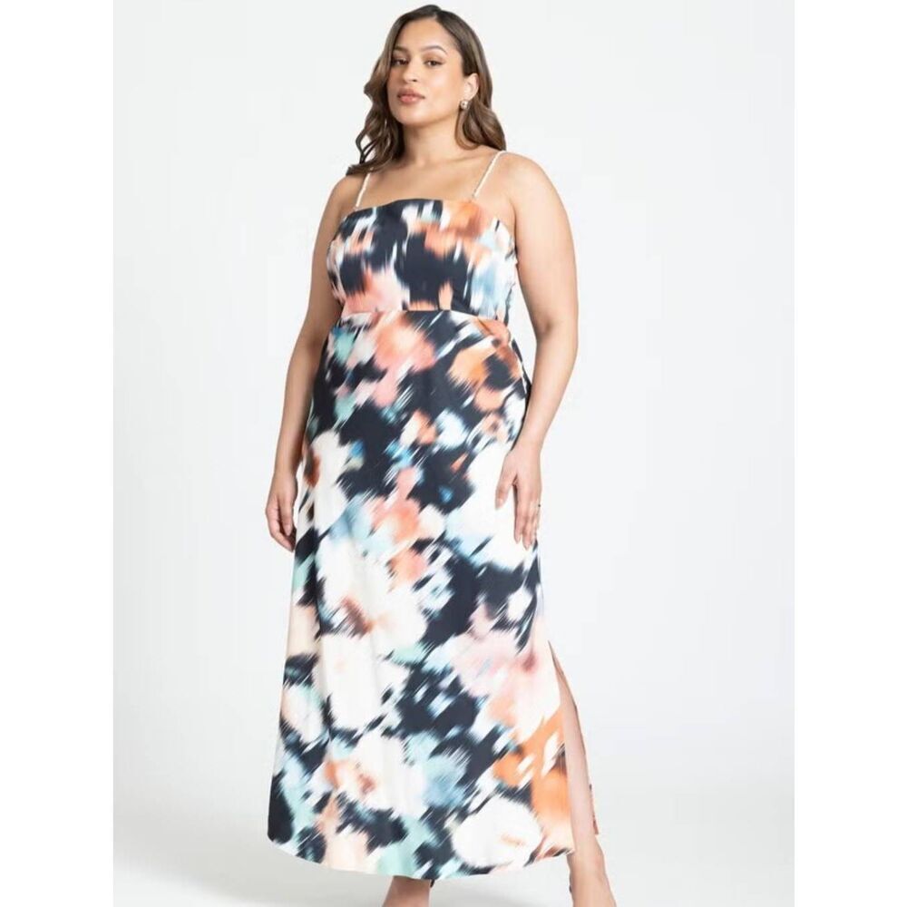 NWT Eloquii Women's Plus Size 16 Printed Satin Bias Dress with Faux Pearl Straps